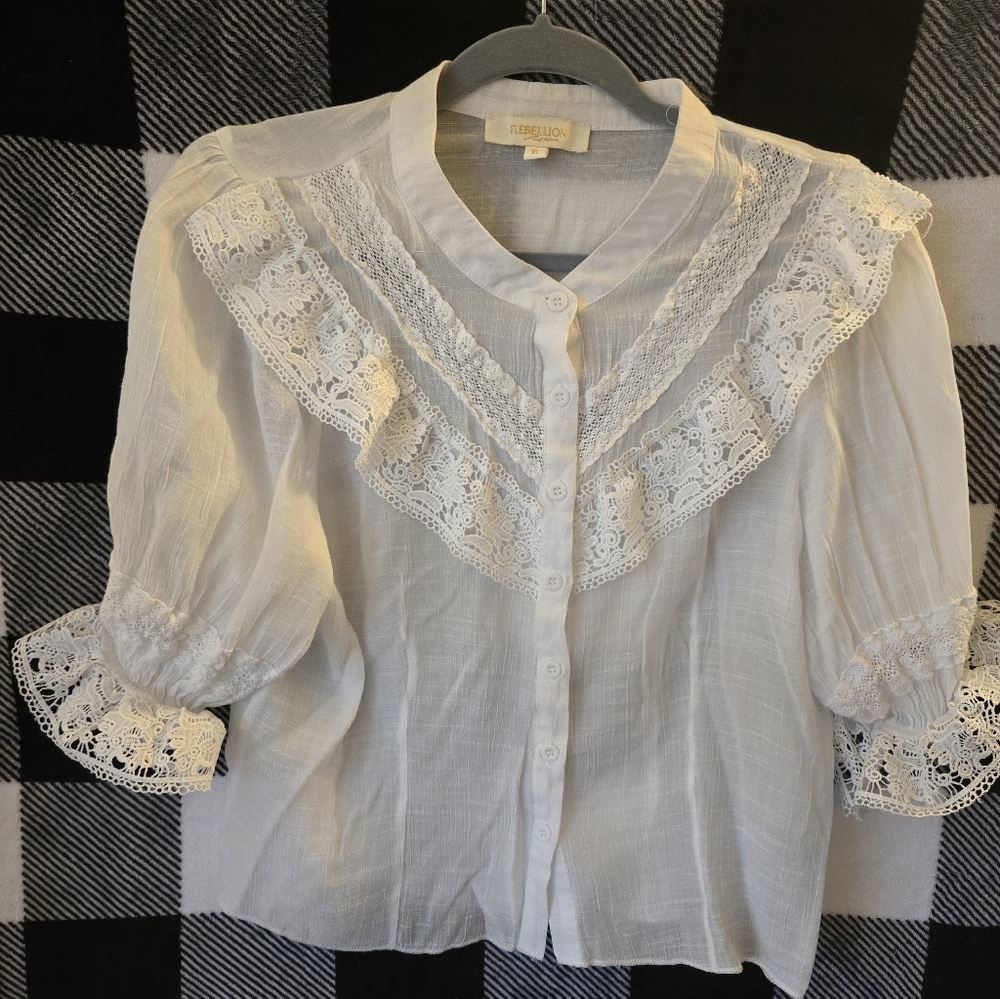 Rebellion White Cotton Lace-Trim Puff Sleeve Blouse
